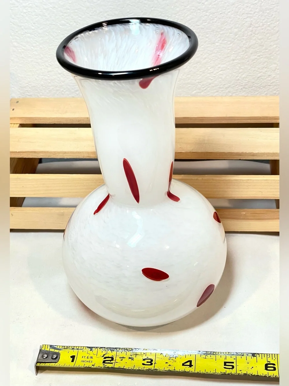 Mottled White w Red Abstract Polka Dots Black Top Rim Glass Art Vase | EUC